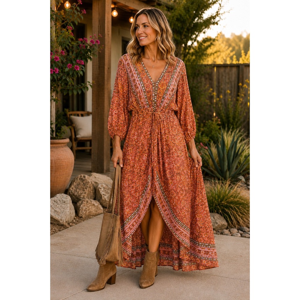 Umgee USA Spring Vibes Floral Boho Dress Orange High Low Maxi XL NEW